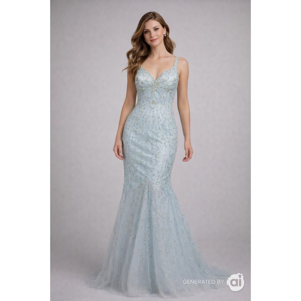 Alyce Paris Light Blue Beaded Mermaid Gown Size 12 Formal Prom Dress Embellished